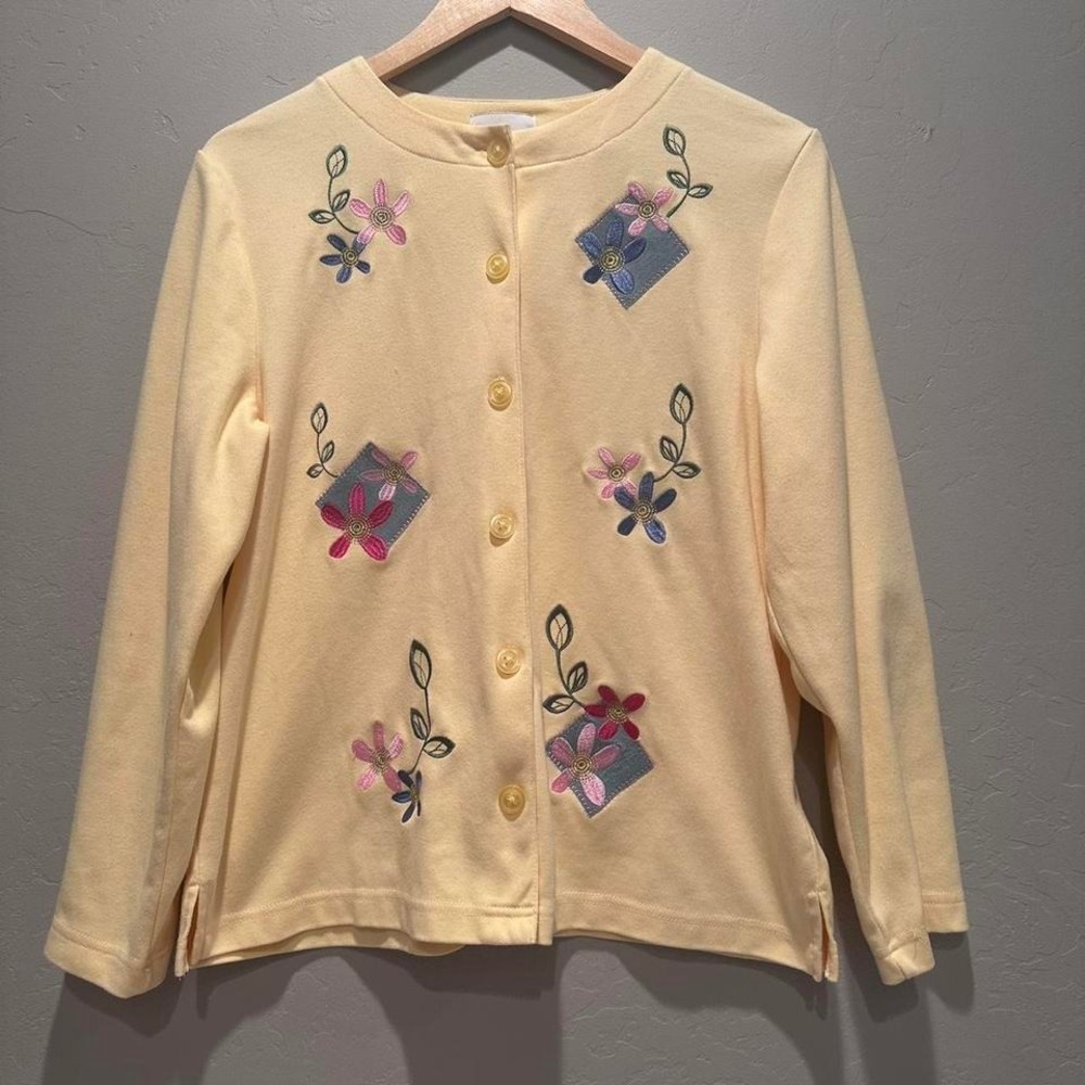 Breckenridge Butter Yellow Floral Embroidered Cardigan Sweater Size Large Petite